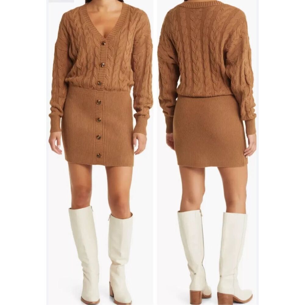 Steve Madden sweater dress fisherman knit V-neck pull over size medium brown NWO
